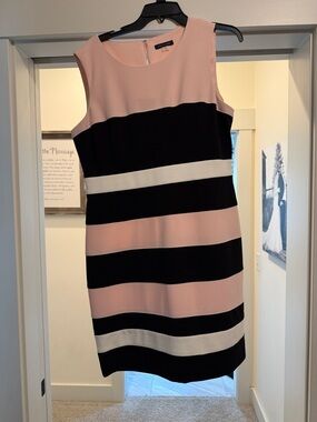 Tommy Hilfiger Sleeveless Striped Midi Dress in Blush, Black & White